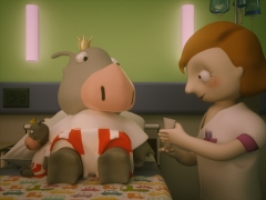 Jonge patiënten aan de hand van wrattenzwijntje Obbe naar ziekenhuis